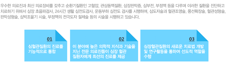 우수한 의료진과 최신 의료장비를 갖추고 순환기질환인 고혈압, 관상동맥질환, 심장판막증, 심부전, 부정맥 등을 다루며 이러한 질환을 진단하고 치료하기 위해서 심장 초음파검사, 24시간 생활 심전도검사, 운동부하 심전도 검사를 시행하며, 심도자술과 혈관조영술, 풍선확장술, 혈관성형술,
판막성형술, 심박조율기 시술, 부정맥의 전극도자 절제술 등의 시술을 시행하고 있습니다. 