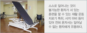 스스로 일어나는 것이 불가능한 환자가 서 있는 훈련을 할 수 있는 재활 운동 치료기 특히, 사지 마비 등이 있어 전혀 혼자서는 일어날 수 없는 환자에게 유용하다.