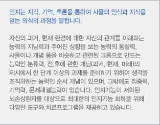 인지는 지각, 기억, 추론을 통하여 사물의 인식과 지식을 얻는 의식의 과정을 말합니다. 자신의 과거, 현재 환경에 대한 자신의 관계를 이해하는 능력의 지남력과 주어진 상황을 보는 능력의 통찰력, 사물이나 개념 등을 비슷하고 관련된 그룹으로 만드는 능력인 분류력, 전.후에 관한 개념(과거, 현재, 미래)의 제시에서 한 단계 이상의 과제를 준비하기 위하여 생각을 조직화하는 능력인 순서 개념이 있으며, 그밖에도 집중력, 기억력, 문제해결능력이 있습니다. 인지기능이 저하된 뇌손상환자를 대상으로 최대한의 인지기능 회복을 위해 다양한 도구와 치료프로그램을 제공하고 있습니다. 